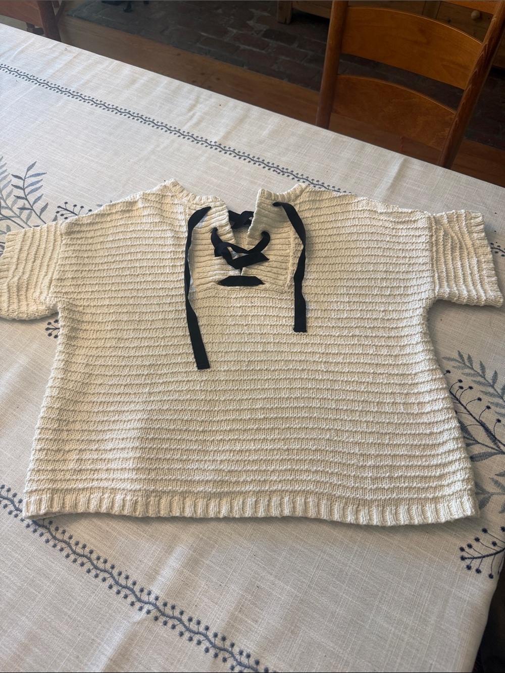 Madewell Cream Knit Lace-Up Short-Sleeve Sweater with Black Ties